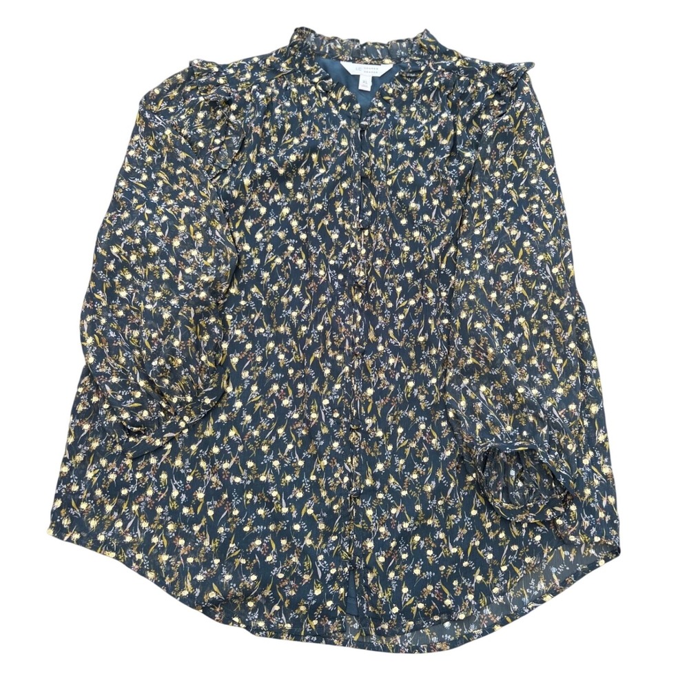 LC Lauren Conrad Floral Gold Metallic Foil Clip Dot Ruffle Blouse XL Teal Navy